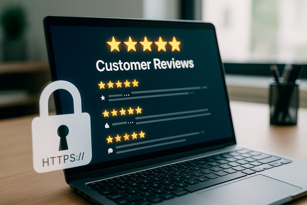 Laptop mostrando reseñas de clientes y certificado HTTPS como símbolo de confianza en sitios web.