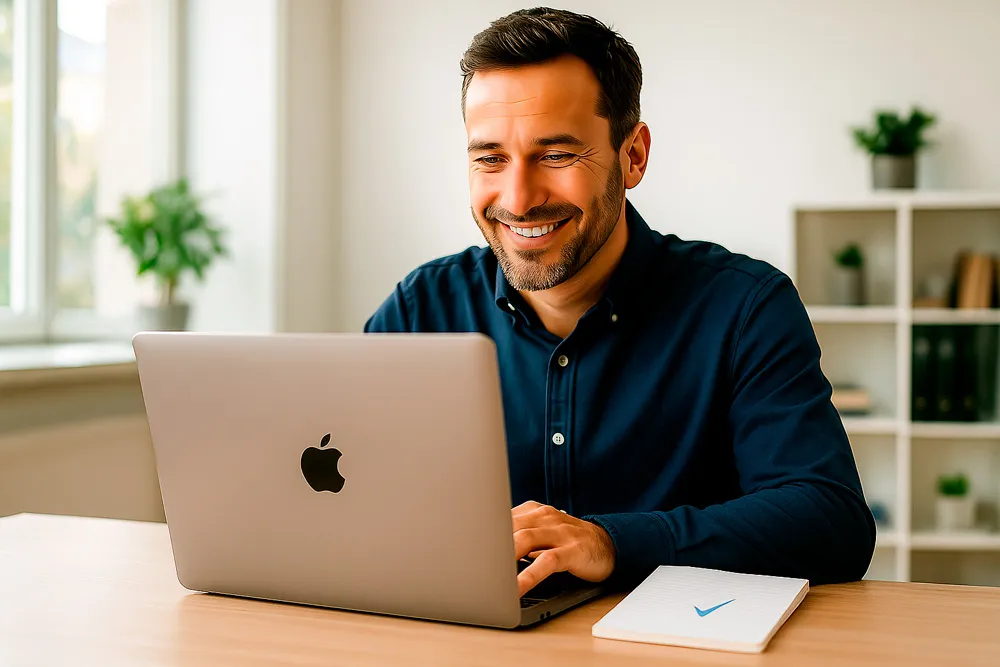 Empresario satisfecho trabajando en su laptop después de optimizar su página web.