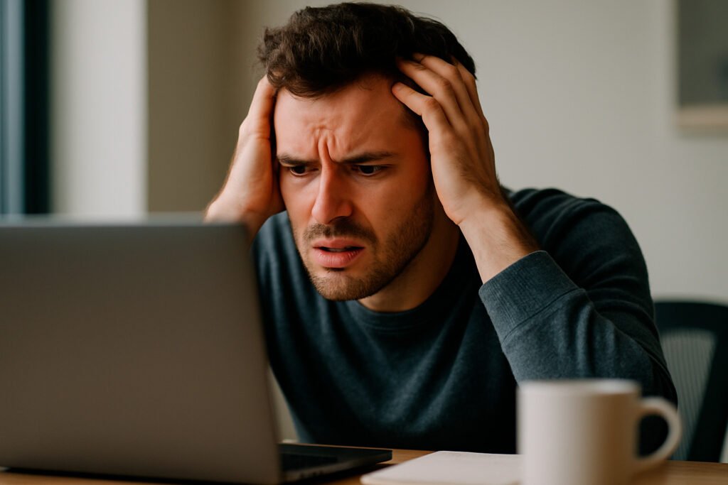 Empresario frustrado frente a su laptop por errores en su página web.