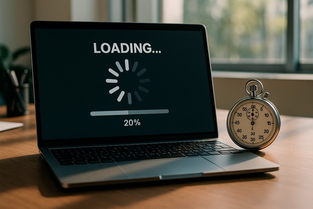 Laptop con pantalla de carga lenta y cronómetro al lado.