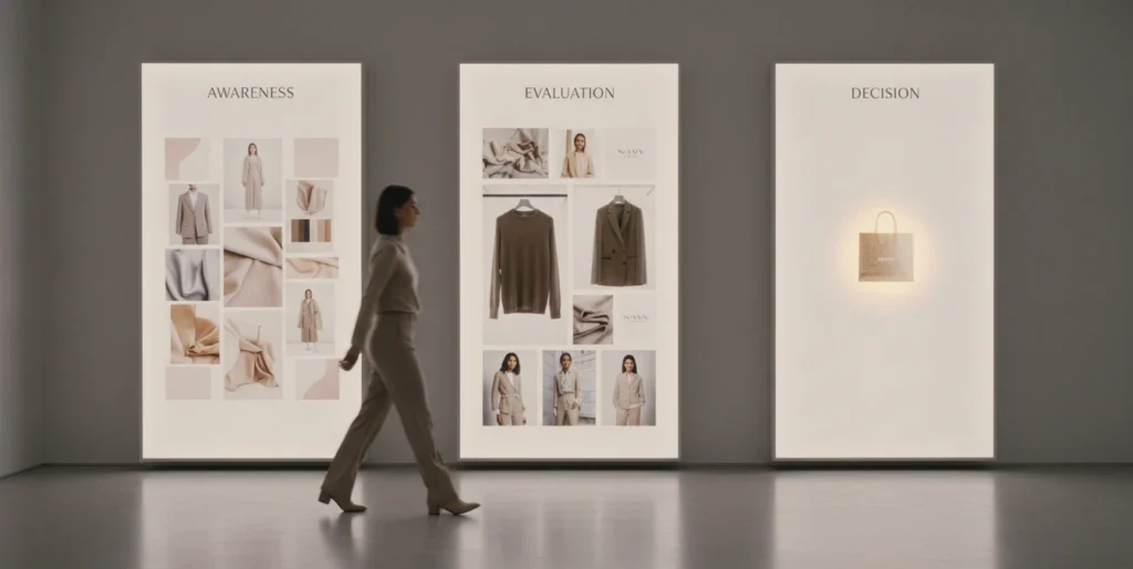 Paneles editoriales con las etapas Awareness, Evaluation y Decision del marketing funnel aplicadas a una marca de ropa.