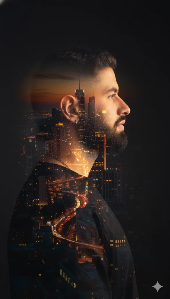 Retrato lateral de un hombre con doble exposición de ciudad al atardecer creado con inteligencia artificial en Nano Banana