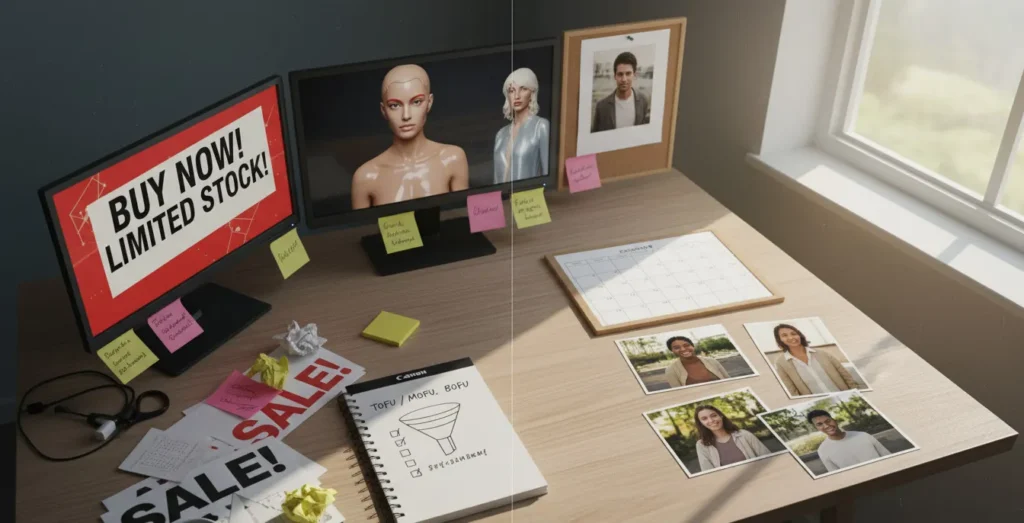 Escritorio dividido en dos: un lado lleno de mensajes de venta desordenados y otro con un funnel TOFU/MOFU/BOFU organizado.