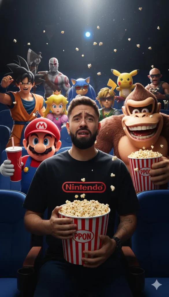 Hombre en una sala de cine rodeado de personajes de videojuegos generado con inteligencia artificial en Nano Banana