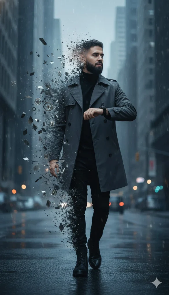 Hombre caminando bajo la lluvia con efecto de desintegración generado con inteligencia artificial en Nano Banana