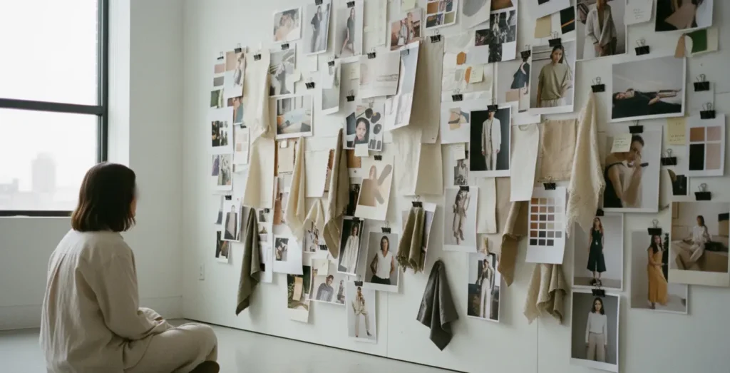 Moodboard con telas, recortes y referencias visuales que representan inspiración y descubrimiento en la etapa TOFU para marcas de ropa.