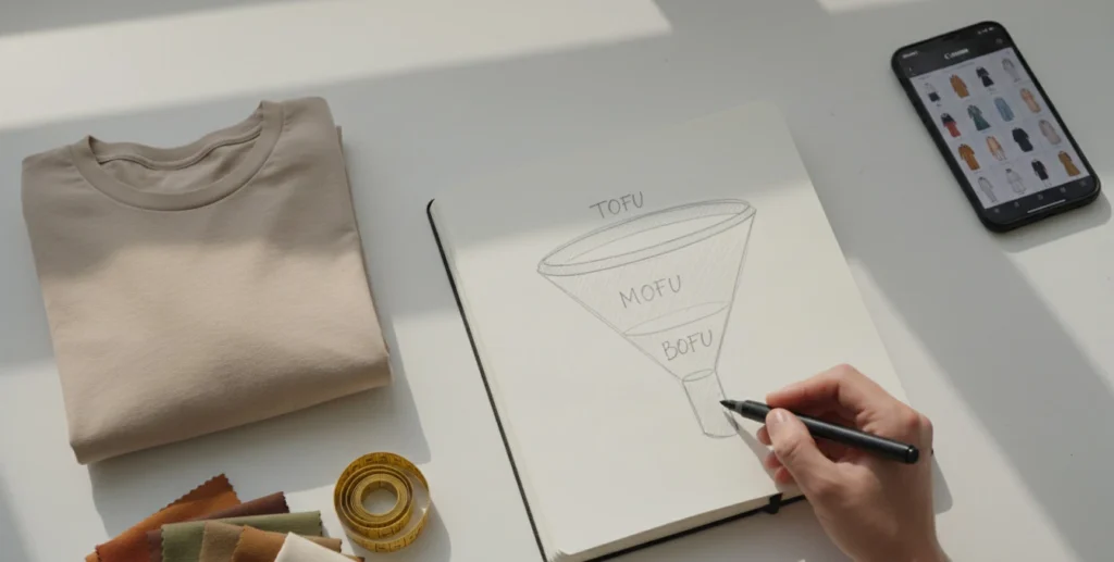 Mano dibujando un funnel con las etapas TOFU, MOFU y BOFU junto a telas y una prenda doblada, representando la estrategia de contenido para marcas de ropa.