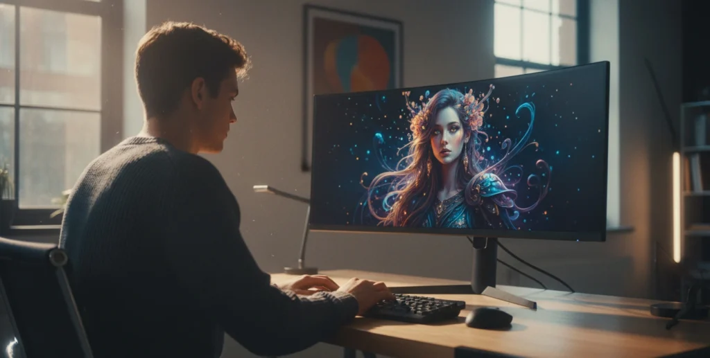 Hombre trabajando en su computador creando imágenes realistas con inteligencia artificial usando Nano Banana