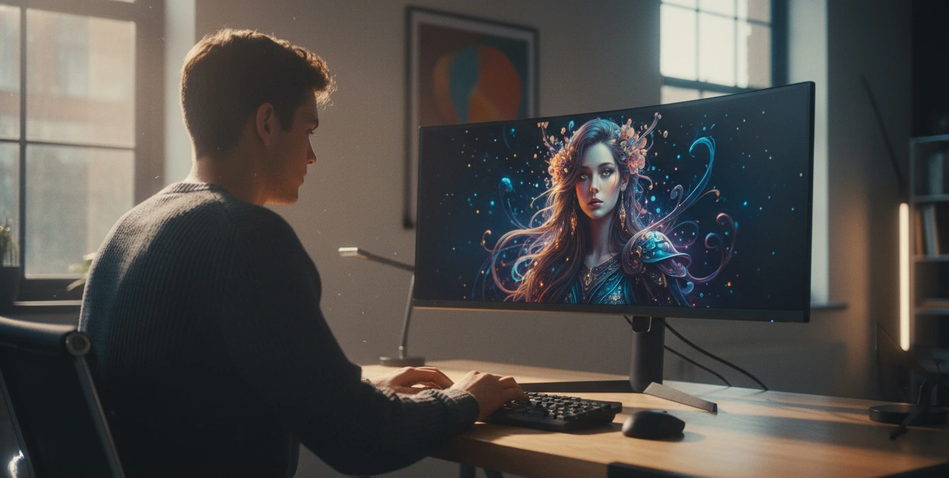 Hombre trabajando en su computador creando imágenes realistas con inteligencia artificial usando Nano Banana