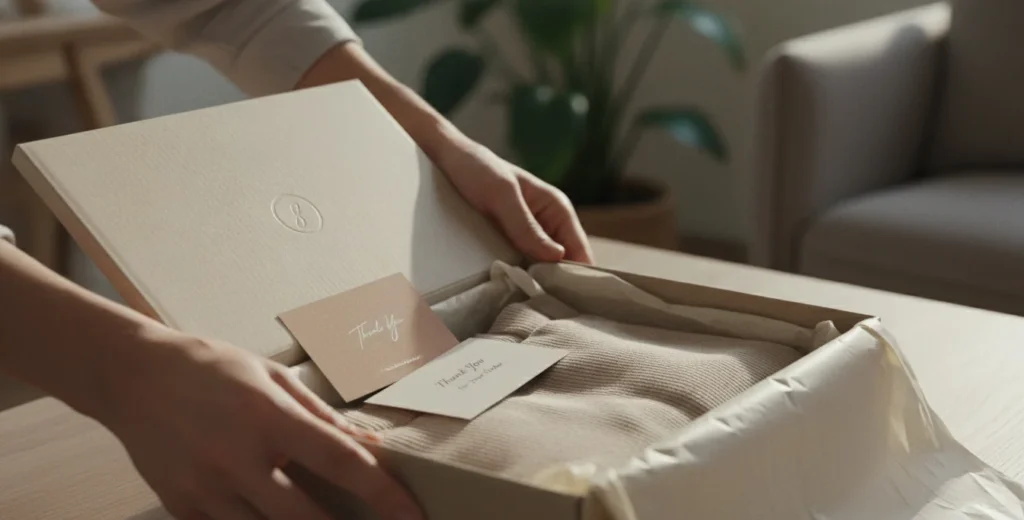 Unboxing de una prenda premium con tarjetas de agradecimiento como ejemplo de contenido BOFU para generar confianza en marcas de ropa.