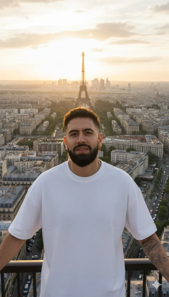 Retrato de un hombre con la Torre Eiffel al fondo generado con inteligencia artificial en Nano Banana
