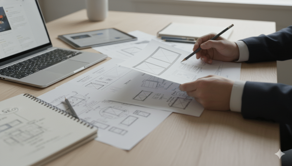Profesional revisando wireframes y planos de diseño web para analizar los factores que determinan el precio de una página web en Colombia