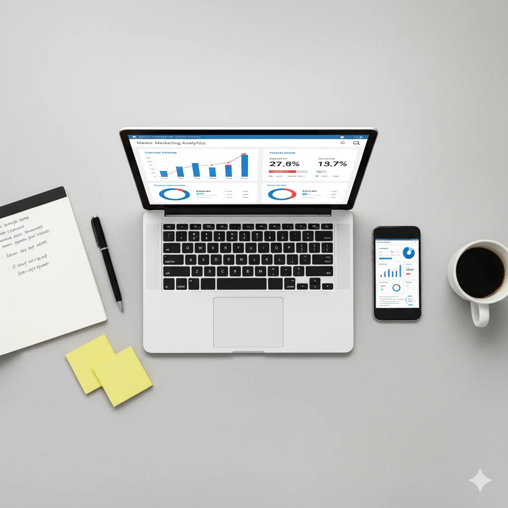 Laptop y celular mostrando métricas de marketing digital en un escritorio con notas y café