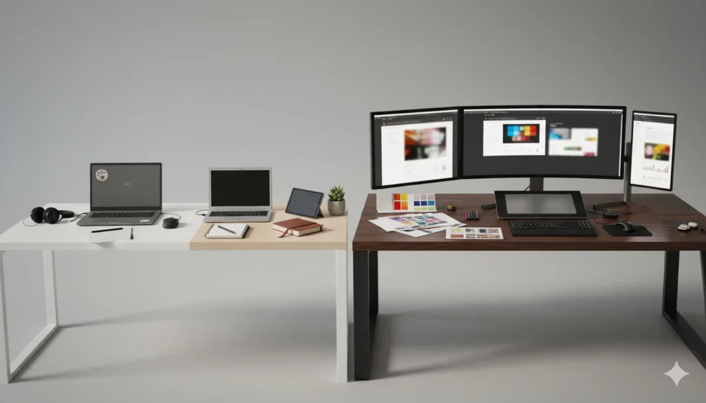 Comparación visual entre un escritorio simple de freelancer y un setup profesional de agencia para ilustrar los precios de páginas web en Colombia