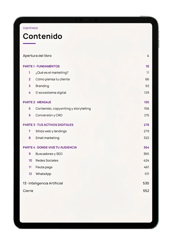 Tabla de contenido del libro Marketing digital para no marketeros